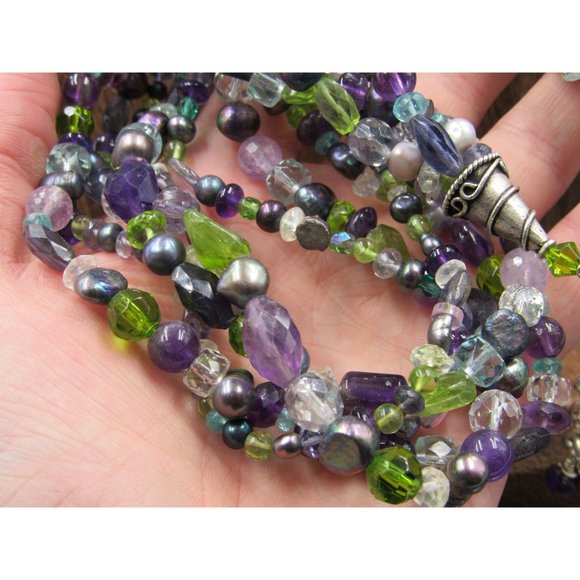 20" Sterling Silver Amethyst Pearl Peridot Quartz Necklace Vintage Minimalist - Picture 3 of 7